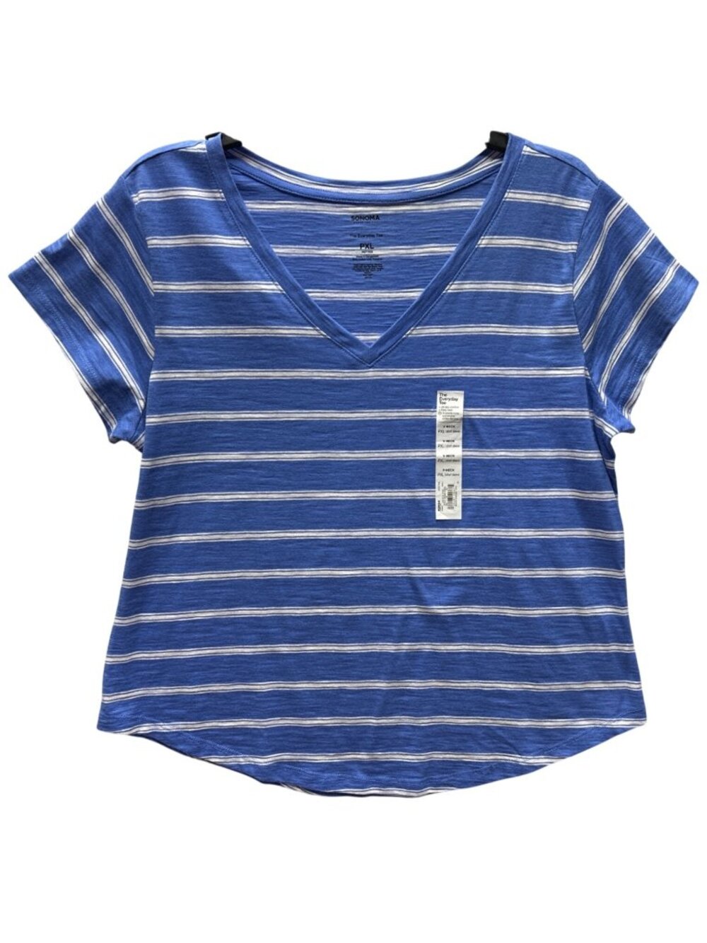 Sonoma Womens Size PXL PETITES  V-Neck Everyday Tee Short Sleeve Blue & White
